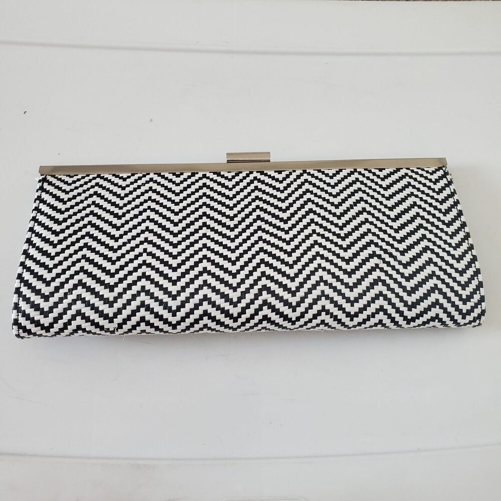 Style & Co. Black White Chevron Woven Clutch Bag Purse Silver Frame